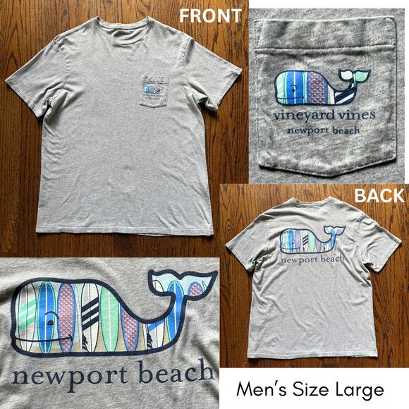 Mens SZ Large Vineyard Vines Newport Beach Gray T-Shirt Whale Surf Board Summer - Picture 1 of 8